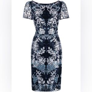 Marchesa Notte Navy Blue Floral Enbroidery Sequin‎ Cocktail Sheath Dress 0 XS